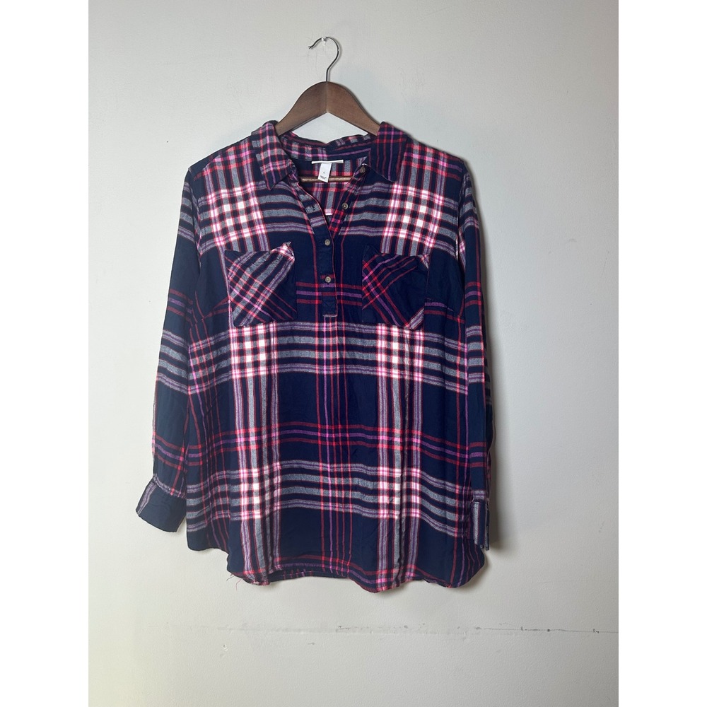 Liz Lange Maternity Navy Pink Plaid Henley Tunic Top L